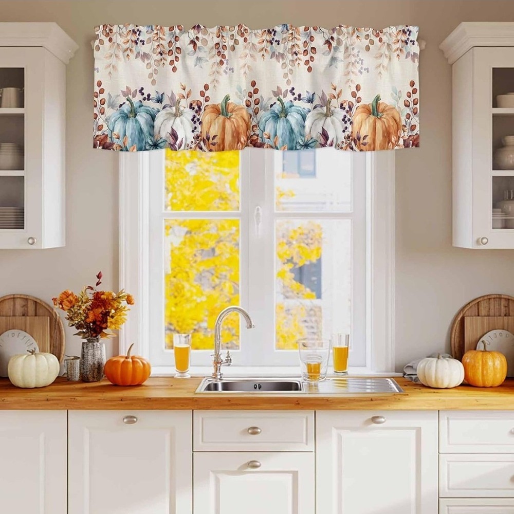 Fall Pumpkin Window Valance Blue Orange Harvest Autumn Kitchen Curtain 42x12in